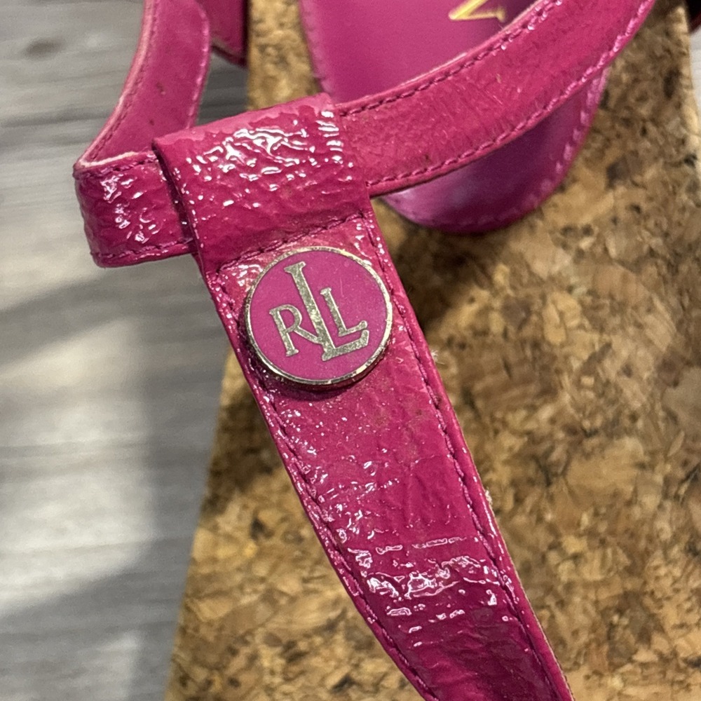 Women's 9 Vintage Ralph Lauren Reeta Strappy Pink Fuchsia Cork Wedge Y2K - Picture 8 of 9
